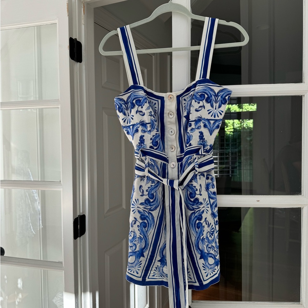 FARM Rio Blue and White Printed Belted Romper